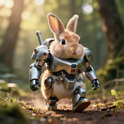 a 3 5 mm photo from the front of a chubby cute rabbit mixed mecha mixed robot walking in the woods, splash art, movie still, bokeh, canon 5 0 mm, cinematic lighting, dramatic, film, photography, golden hour, depth of field, award - winning, anamorphic lens flare, 8 k, hyper detailed, 3 5 mm film grain