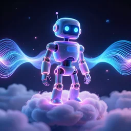 a neon robot on the clouds, glowwave, digital art