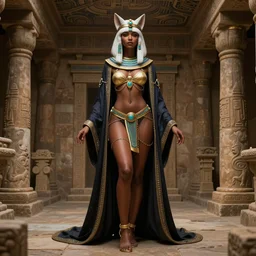 full length complex 3 d hyper realistic smooth ultra sharp render of a gorgeous light skinned african woman with white hair in ancient tombs | bikini, chains, robes | demoness, succubus, witch, egyptian goddess, neko, cat ears | medieval, fantasy, d & d, unholy | intricate, highly detailed, octane render, photorealistic, cinematic | art by 吵 集 仁 儿 on artstation + oh jinwook + sakimichan