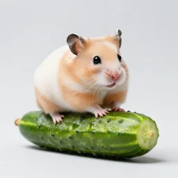 realistic photography of a hamster riding a cucumber - photo studio - 3 points lighting