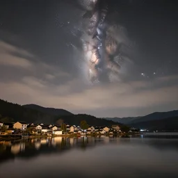 a beautiful double exposure of an award winning nighttime landscape photo of a village by a still lake, and an astronomy photo of the day, nebula, muted colours, cool tones, neutral colours, long exposure, clouds, reflections