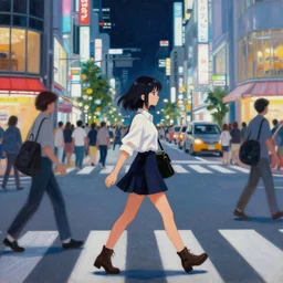a realistic painting of an anime girl crossing a crowded street at night in the city of tokyo. Gorgeous colors and neon light. .