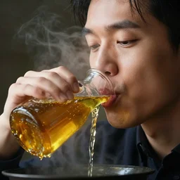 a person drinking boiling oil, portrait photograph