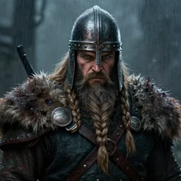 a terryfing viking with long braided beard, helmet, fur shoulder pads, scarred, wet, raining, close up, rim lighting, portrait, sinister atmospheric lighting. highly detailed painting by greg rutkowski, anime style