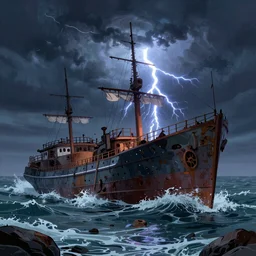 'ship wreck in the stormy sea, breathtaking scenery, complex artwork, CGSociety, modern lightning, vibrant and dark, flickr, Storybook illustration'
