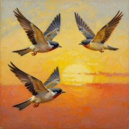 an impasto oil painting of three beautiful birds flying into freedom by salvador dali, beautiful colors, golden sunset