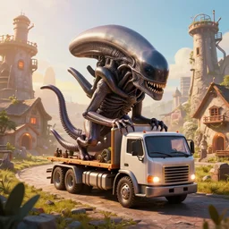 xenomorph truck in a robust fantasy village, calming, uplifting mood, ultra realistic, factory, funny, small buildings, highly detailed, epic lighting, illuminated, cinematic, morning, art by eddie mendoza
