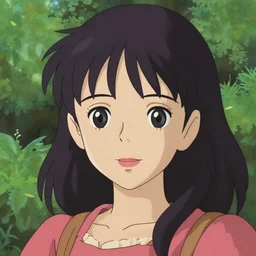 Character portrait of a young beautiful woman with long black hair and bangs in a lush park, focus on facial features, large eyes, highly detailed, cel shading, Studio Ghibli still, by Makoto Shinkai and Akihiko Yoshida