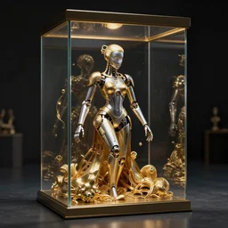 gold and silver tones, cybernetic princess trapped in a glass box in a dark room, 3 d, style of moebius, james jean, mcbess, cinematic, highly detailed, award winning, 8 k photorealistic