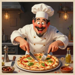 poster artwork by Michael Whelan Rendering of a chef using weird tools on his pizza, happy, colorful, full of details by thomas kinkade, Matte painting, trending on artstation,