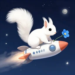 a white squirrel riding a rocket in space with a blue flower in his hands trending on Artstation , digital art