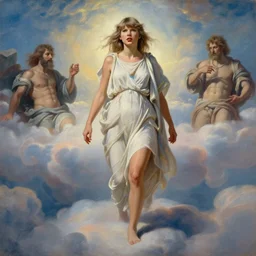 Full body oil painting of Taylor Swft, wearing a peplos, hair natural disheveled, approaching heaven over the clouds, naturalism, dramatic lighting, high-detailed oil painting by Ilya Repin, Michelangelo da Caravaggio, William Blake, Alex Grey and Beksinski, trending on Artsation, hystorical painting, naturalism, masterpiece, 4k, 8k