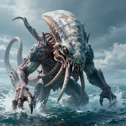 a single highly detailed 4 k matte painting. humanoid giant. kraken head. climbing out of the ocean