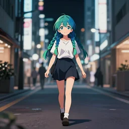 cute, anime girl walking around the city, braids blue and green, singular, junichi higashi, isamu imakake, intricate, balance, full far portrait, volumetric lighting, cinematic lighting, masterpiece