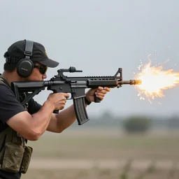 man firing ar - 1 5, muzzle flash visible at the end of the barrel, highly detailed, photograph, firepower united
