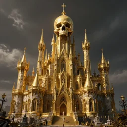 a intricate detailed gothic golden castle, skull on it, by beeple