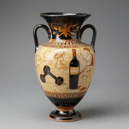 a beautiful, ancient, greek amphora container made with glass, museum item, with drawings of bordeaux and dumbells h 1 0 2 4