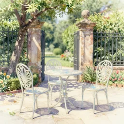 out of focus, delicate, chairs, garden, paved, botanic watercolors, iridescent, 8 k, realistic shaded, fine details, artstation, italian, iron gate, tree, mediterranean