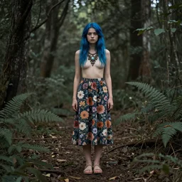 dslr photo of a pretty young woman with blue hair, standing in a vast forest and wearing a flower skirt, and body and wearing hemp sandals and a very detailed faerie necklace around neck, artgerm, artstation, very high quality face, extremely high quality, moody lighting, real camera, real photo, photography by deviantart, 8 k, full subject in shot