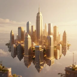 create an image of a floating cityscape, with towering buildings and a feeling of grandeur. include a warm color palette with hints of gold and glittering lights. vray