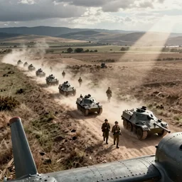 a colorised photo of world war second operation barbarossa, german battalion troops and armoured vehicles moving, panoramic view from plane