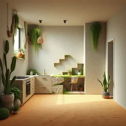 kitchen room made of rectangle tetris, made of moss and oasis, octane render, trending on artstation, wall and floor made of hard desert sand floor