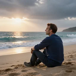 Emmanuel Macron sitting on the beach looking to the sea at sunrise, concept art, octane render, unreal engine 5, trending on Artstation, high quality, highly detailed, 8K, soft lighting, godrays, path tracing, serene landscape, turbulent sea, high coherence, anatomically correct, hyperrealistic, sand, beautiful landscape, cinematic, rain in the sky