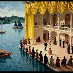 1 9 7 0 s movie still by tarkovsky of a neoclassical ballroom with yellow drapery next to a lake with barques, cinestill 8 0 0 t 3 5 mm, by magritte, by piranesi, heavy grain, high quality, high detail, isometric view