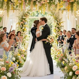 the groom kisses the bride at a wedding full of flowers, bright and happy, dreamlike art, highly detail, 4 k realistic, wedding photoy krenz cushart. artem demura. alphonse mucha. yoji shinkawa artgerm. jon lothian. danilo torres. adi meyers. thomas reimann. gaston bussiere.