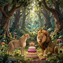 cheetah and lion celebrating birthday in fairytale forest , huge scale, high detail, intricate by Jonathan Bentley