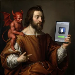 renaissance painting depicting a man with a little devil on his shoulder convincing him to screenshot nfts