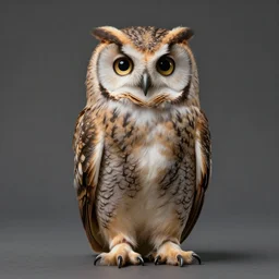 beautiful humanized owl girl in full growth, studio shot in style, professional photographer, many details, super realistic, high quality, 8 k