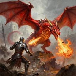 epic fantasy painting of red dragon breathing fire towards knight, by john avon, by seb mckinnon, high detail, fantasy battle, by jeff miracola