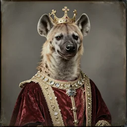 professional studio photo portrait of anthro anthropomorphic spotted hyena head animal person fursona smug smiling wearing elaborate pompous royal king robes clothes degraded medium by Louis Daguerre daguerreotype tintype