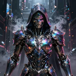 Ultra realist and ultra intricate dark detailed painting of an powerful hooded armor iridescent assassin king, human face biomechanical complex body, 3D render, symmetry, rich style, glowing iridescent sparks and smoke behind, crystallic cyberpunk megastructure background, artstation, colorful, badass, dark ominous stealth, unreal render, depth of field