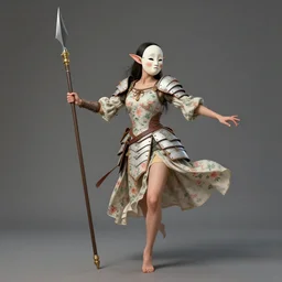 full body portrait, female changeling spearman in floral - patterned light armor, wielding a long halberd, wearing a noh theatre mask, barefoot, dancer, capricious, energetic, provocative, realistic proportions, reasonable fantasy, in the style of dnd illustrations, tabletop rpg.
