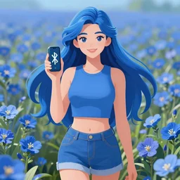 if bluetooth was an actual human female, wearing blue crop top and blue shorts, digital image, character illustration, highly detailed, long blue hair, background of a blue flower field, trending on art station, art
