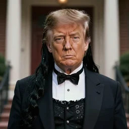 photo of someone who looks like a mixture between donald trump and morticia addams