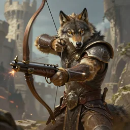 closeup 2 8 mm anthropomorphic archer wolf using a crossbow in a castle, d & d, fantasy, intricate, action pose, particle effects, highly detailed, digital painting, artstation, concept art, matte, sharp focus, volumetric lighting, illustration, hearthstone, art by artgerm, wlop, craig mullins, alphonse mucha