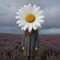 portrait, gigantic daisy flower under head, a girl wearing coat in heather field, surreal photography, wind and cold, dramatic sky, impressionist painting, digital painting, artstation, simon stalenhag