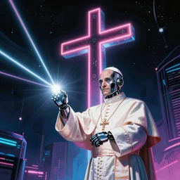 Robotic Pope shooting bright lasers out of his hands, 80s, science fiction, cyberpunk, neon, low angle shot, cross, pope, movie poster, futuristic, pontifex