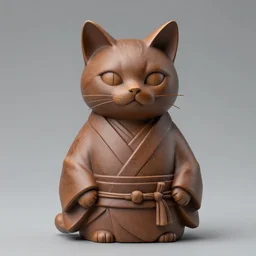 demure anthropomorphic cat figurine wearing a kimono, brown resin, highly detailed