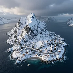 small winter island with a small town of a top down game, with roads and cold beach and has a mountain