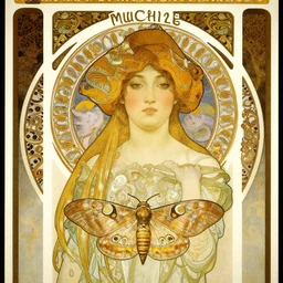 an art nouveau poster design of a portait of an asian girl and a moth, surrounded by inticate ornaments, by alphonse mucha, gustav klimt and ernst haeckel,