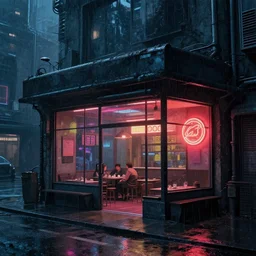 exterior of the only cyberpunk open restaurant in a night rainy melancholy cyberpunk city by de chirico