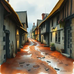 watercolor painting of rustic village street, mud, scandinavian mythology, ambient lighting and shadows, art by hans dahl, by jesper ejsing, art by anders zorn, wonderful masterpiece by greg rutkowski, cinematic light, american romanticism by greg manchess, creation by tyler edlin