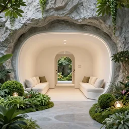 secret overwatch arc hallway for living quarters carved inside a cave surrounding a lush garden, trimmed, magical, natural light, clean lines, cozy, fantasy, minimalist architecture, sharp focus, concept art, by greg rutkowski and craig mullins,, octane render 8 k