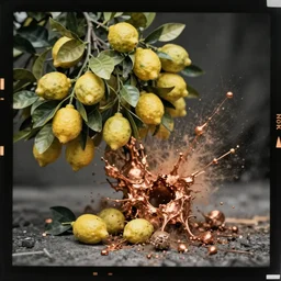 kodak portra 4 0 0, wetplate, 8 k, shot of a highly detailed lemon tree explosion accident osmium copper