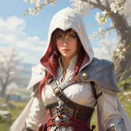 kassandra from assassin's creed odyssey, portrait. volumetric lighting, spring, late morning, sunny weather, few clouds, realistic illustration, perfectly shaded, soft painting, art by leesha hannigan, ross tran, thierry doizon, kai carpenter, ignacio fernandez rios