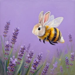 popart gauche painting of a bunny - bee hybrid flying around lavender
